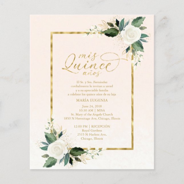 Papier Budget Quinceanera Invitation Espagnol Rose Or (Devant)