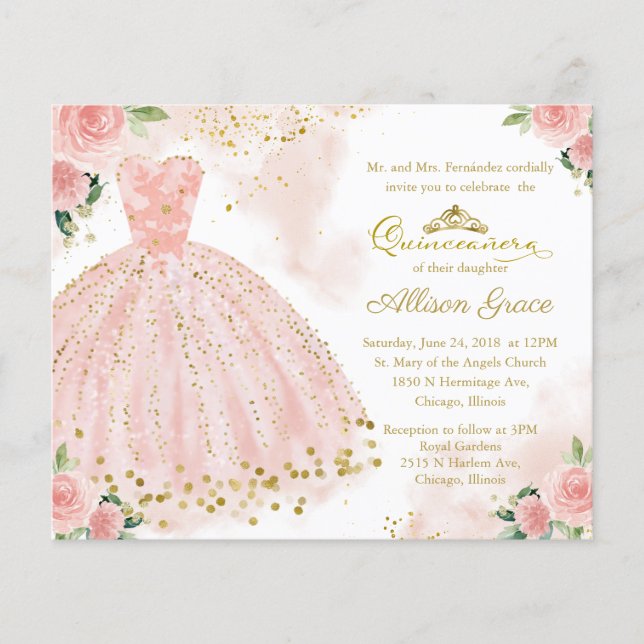 Papier Budget Quinceanera Invitation Gold Blush Gown (Devant)