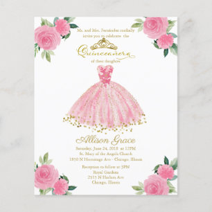 Papier Budget Quinceanera Invitation Or Hot rose Gown