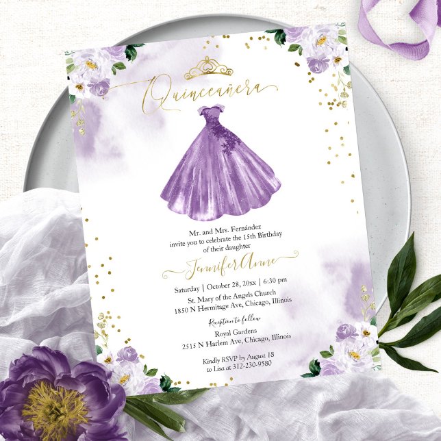 Papier Budget Quinceanera Invitation Purple Floral Gown (Créateur téléchargé)