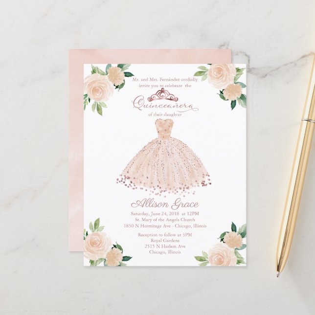 Papier Budget Quinceanera Invitation Rose Gold Blush Gown (Devant/Arrière en situation)