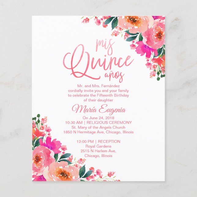 Papier Budget Quinceanera Invitations Hot rose Floral (Devant)