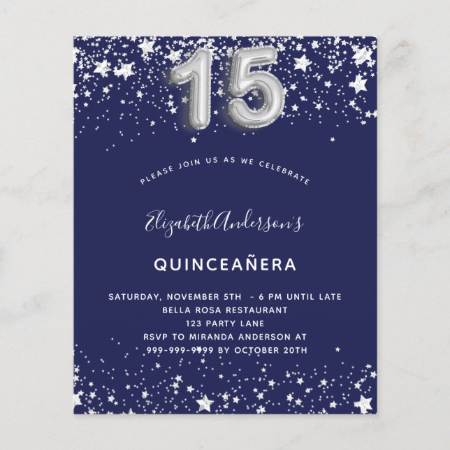 Papier Budget Quinceanera marine bleu argent invitation (Devant)