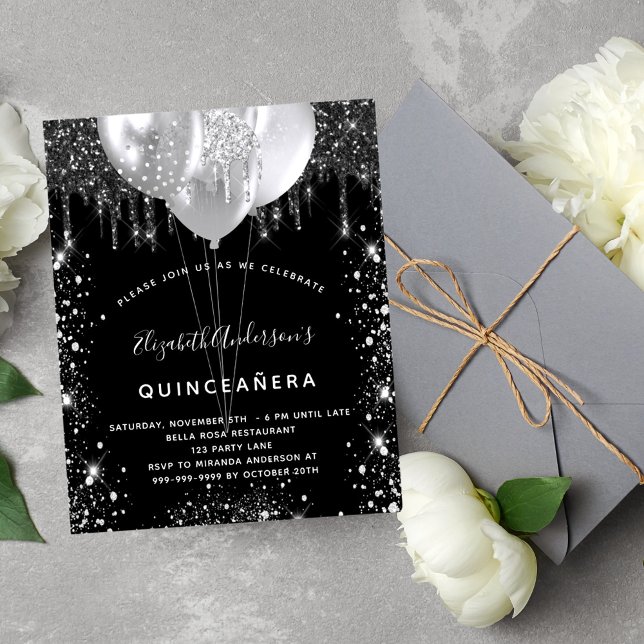 Papier Budget Quinceanera noir argent ballons invitation (Créateur téléchargé)