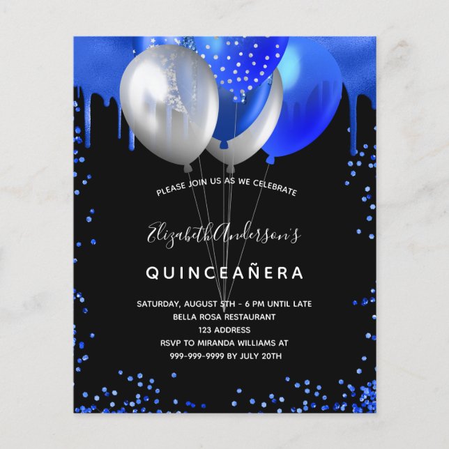 Papier Budget Quinceanera noir royal bleu invitation (Devant)