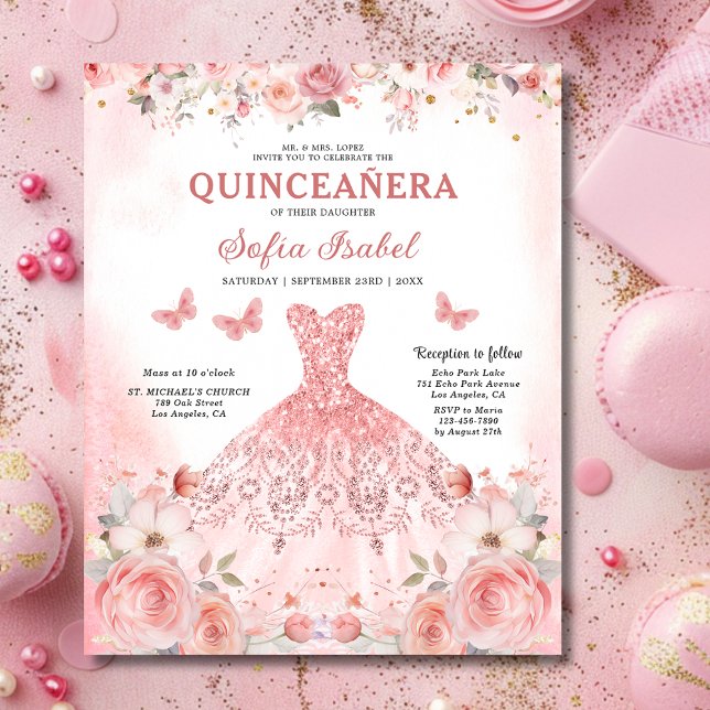 Papier Budget Quinceañera Papillon floral rose pâle rose (Créateur téléchargé)