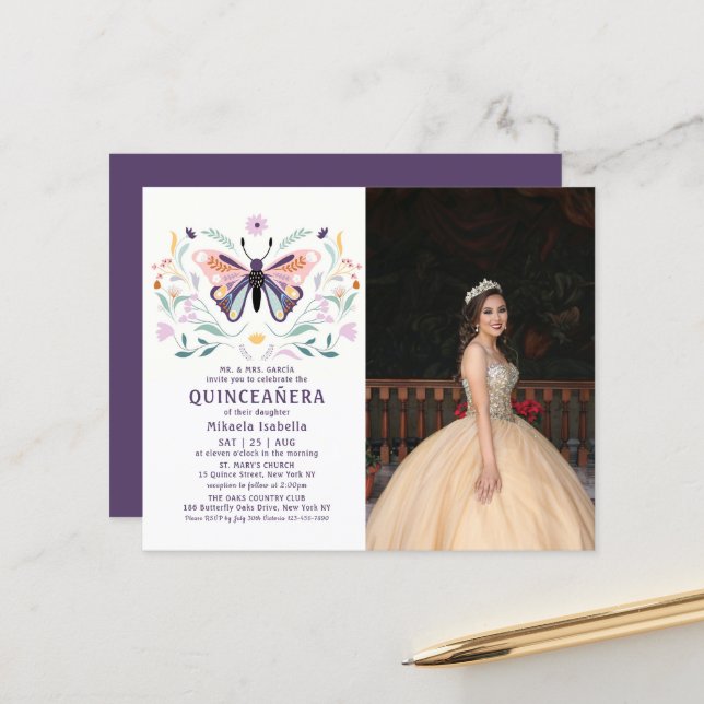 Papier Budget Quinceañera Papillon rose Photo Floral (Devant/Arrière en situation)