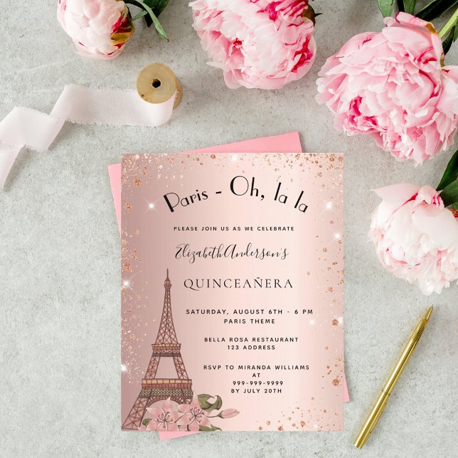 Papier Budget Quinceanera Paris Invitation d'or rose (Créateur téléchargé)