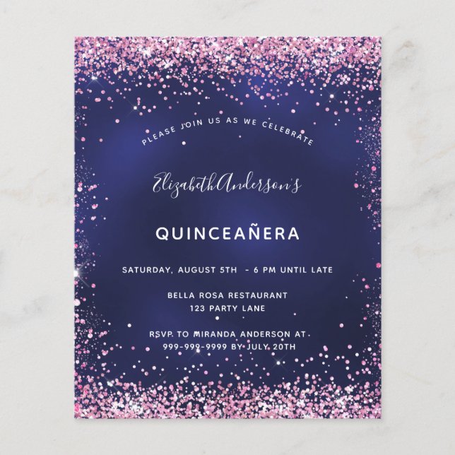 Papier Budget Quinceanera parti marine bleu rose invitati (Devant)