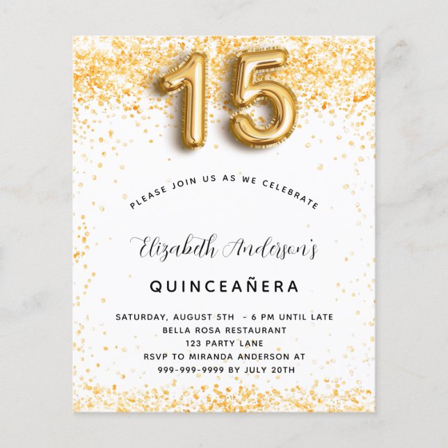 Papier Budget Quinceanera parties scintillant en or blanc (Devant)