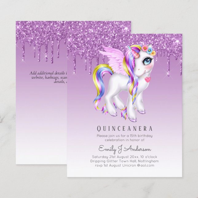 Papier BUDGET Quinceanera Parties scintillant Unicorn Ani (Devant / Derrière)