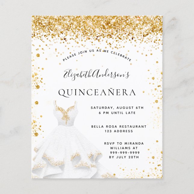 Papier Budget Quinceanera robe or blanc or invitation (Devant)