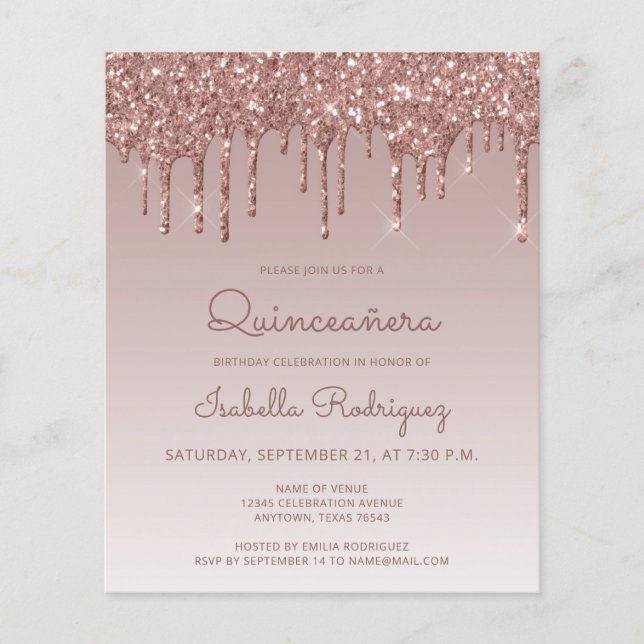 Papier Budget Quinceañera Rose Parties scintillant or Inv (Devant)