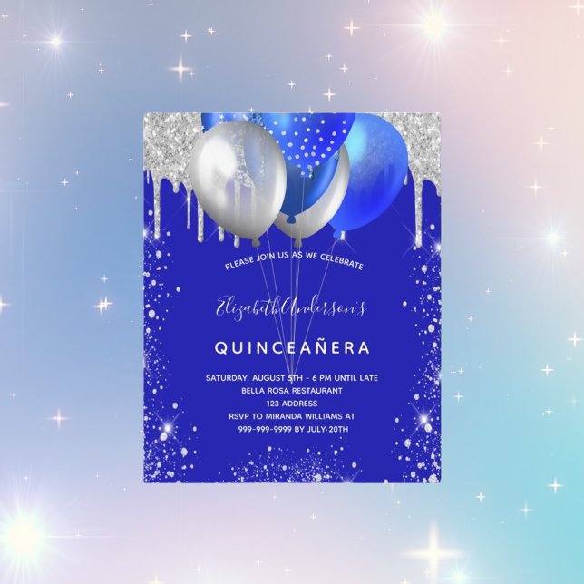 Papier Budget Quinceanera royal bleu argent invitation (Créateur téléchargé)