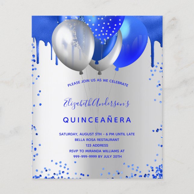 Papier Budget Quinceanera royal bleu argent invitation (Devant)