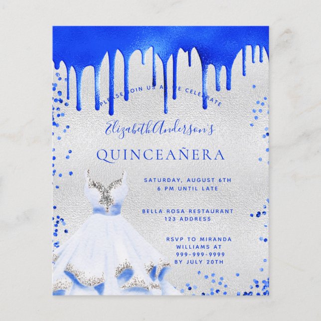 Papier Budget Quinceanera royal bleu argent invitation (Devant)