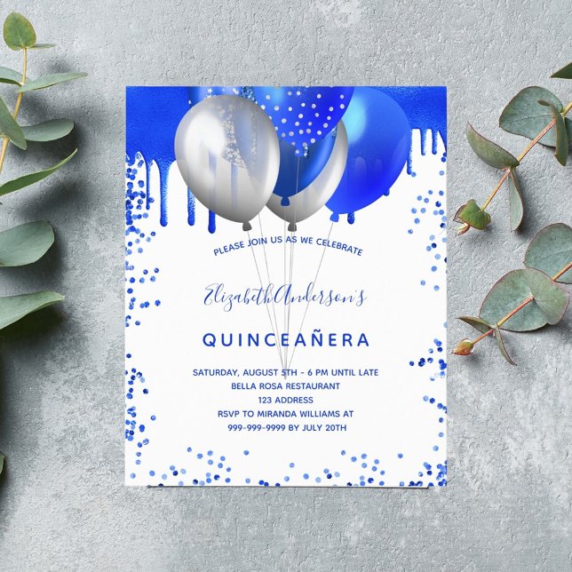 Papier Budget Quinceanera royal bleu blanc invitation (Créateur téléchargé)