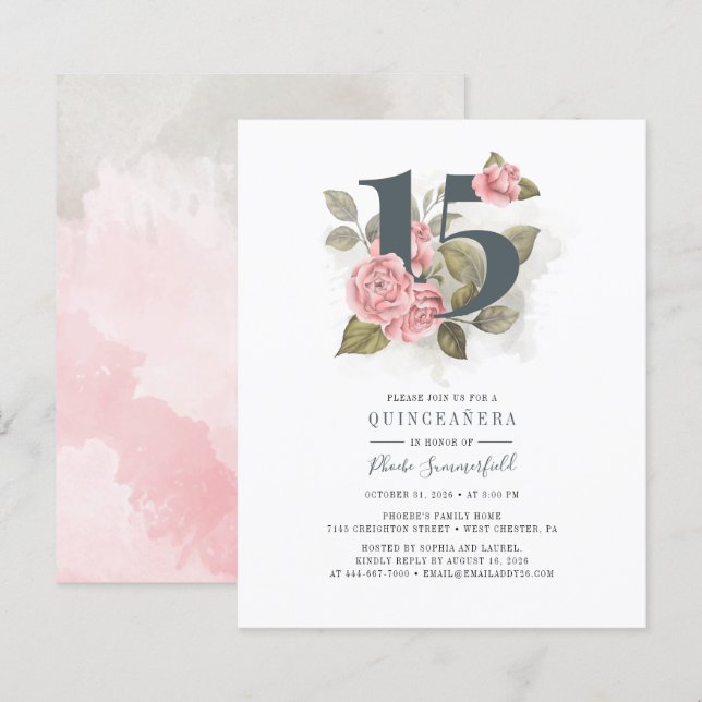 Papier Budget Quinceanera Sage rustique Vert rose floral (Devant / Derrière)