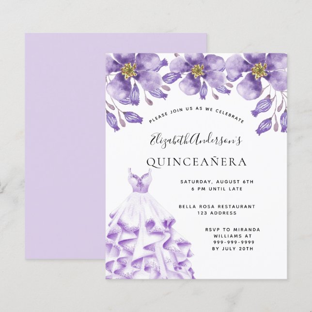 Papier Budget Quinceanera violet robe blanche floral (Devant / Derrière)