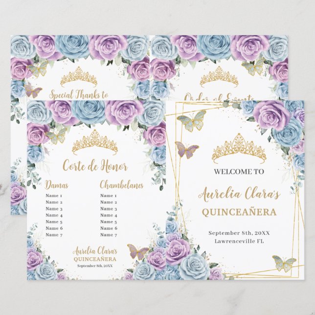 Papier Budget Quinceañera XV Blue Lilac Padrinos Programm (Devant / Derrière)