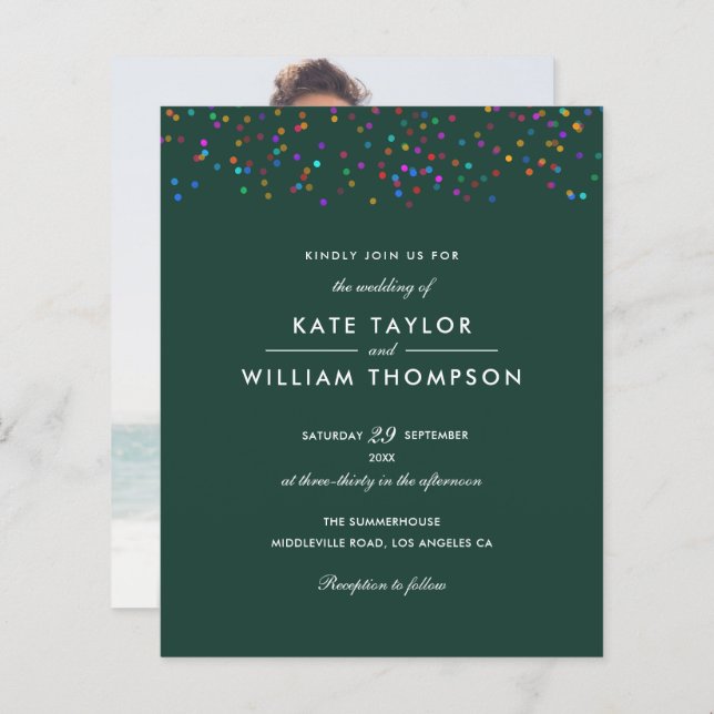 Papier Budget Rainbow Confetti Emerald Wedding Invitation (Devant / Derrière)