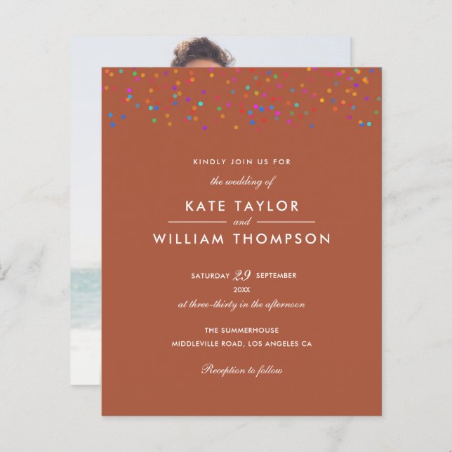 Papier Budget Rainbow Confetti Terracotta Mariage Invitat (Devant / Derrière)