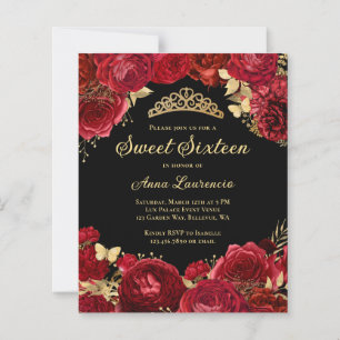 Papier Budget Red Black Floral Sweet 16 Party Invitation