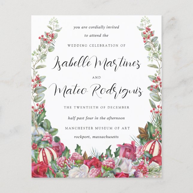 Papier Budget Red Floral Faire-part de mariage de Noël (Devant)