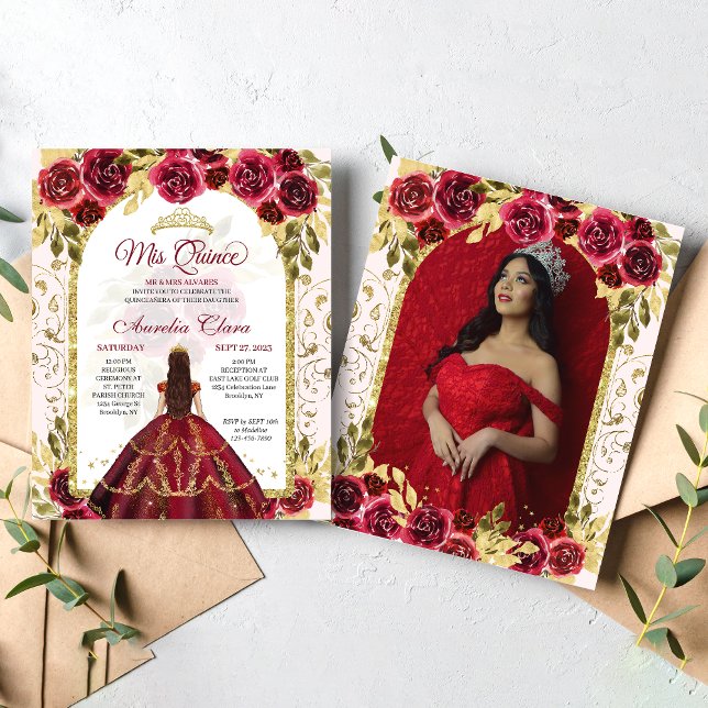 Papier BUDGET Red Floral Princess Gold Photo Quinceanera (Créateur téléchargé)
