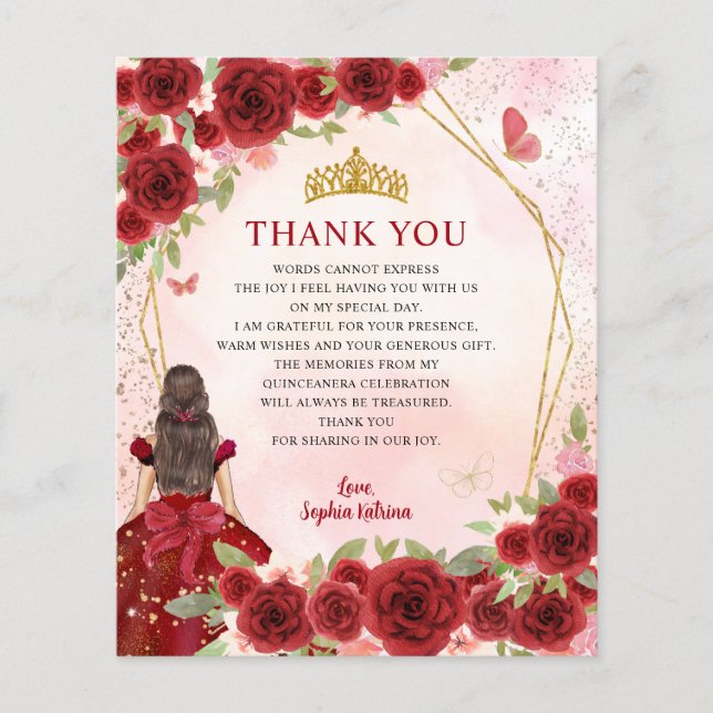Papier Budget Red Floral Princesse Quinceañera Merci (Devant)