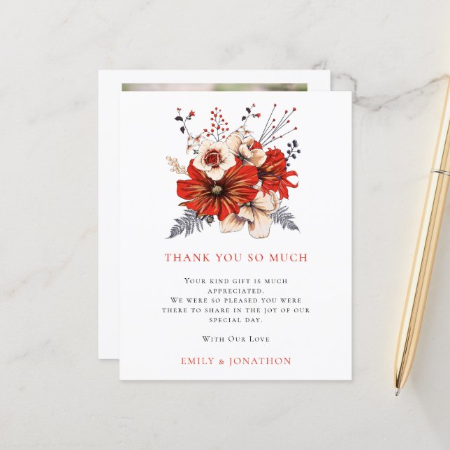 Papier BUDGET Red Florals Citation Mariage 3 Photo Merci (Devant/Arrière en situation)