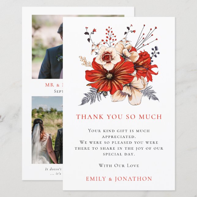 Papier BUDGET Red Florals Mariage 3 photo Merci (Devant / Derrière)