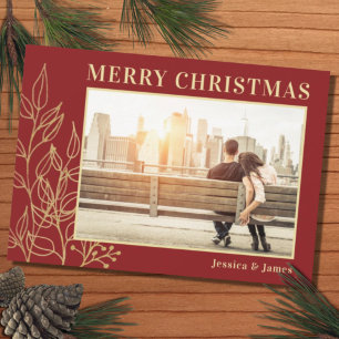 Papier Budget Red Gold Foliage Photo Merry Christmas Card