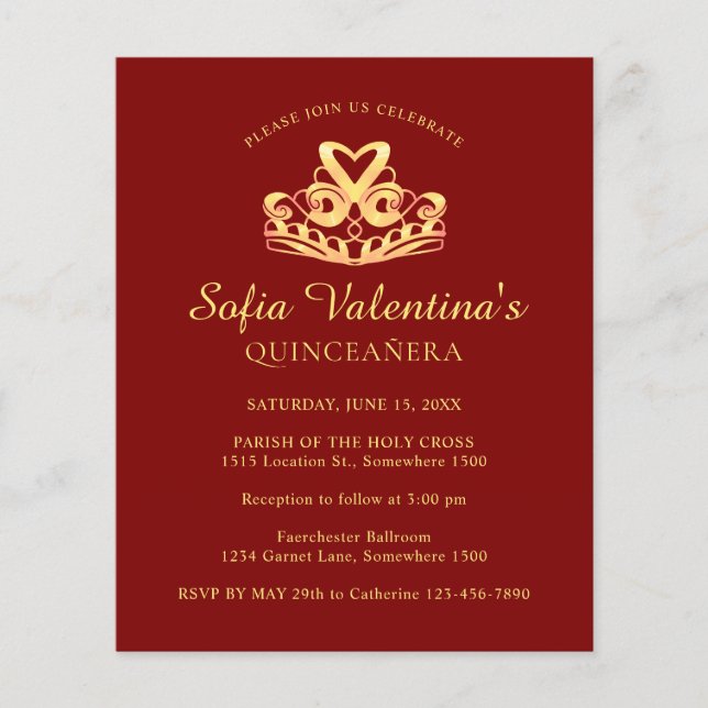 Papier Budget Red Gold Tiara Quinceanera Invitation (Devant)