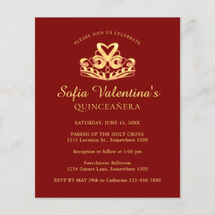 Papier Budget Red Gold Tiara Quinceanera Invitation