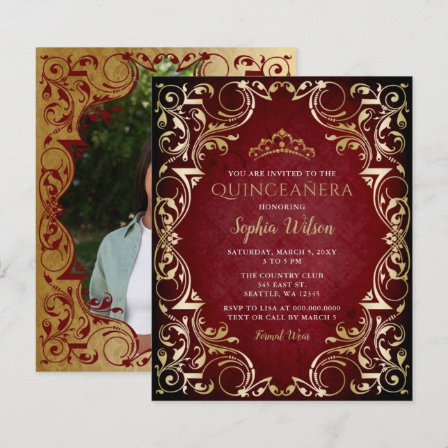 Papier Budget Red Gold Tiara Quinceañera Photo Invitation (Devant / Derrière)