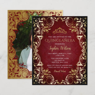 Papier Budget Red Gold Tiara Quinceañera Photo Invitation