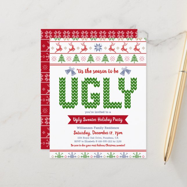 Papier Budget Red Green Ugly Sweater Invitation de fête d (Devant/Arrière en situation)