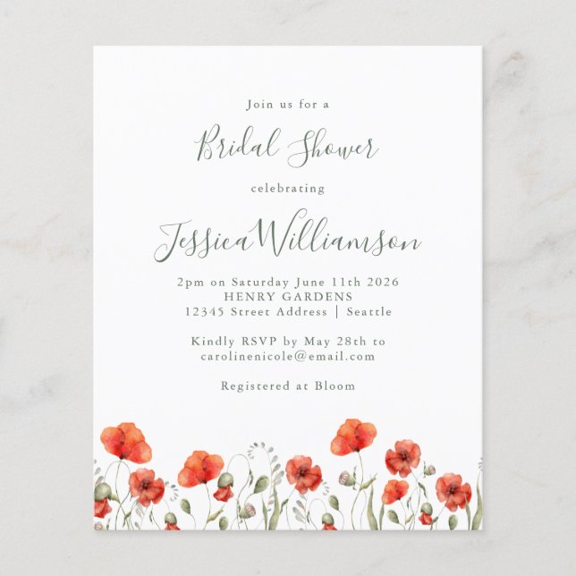 Papier Budget Red Poppy Floral Bridal Show Invitation (Devant)