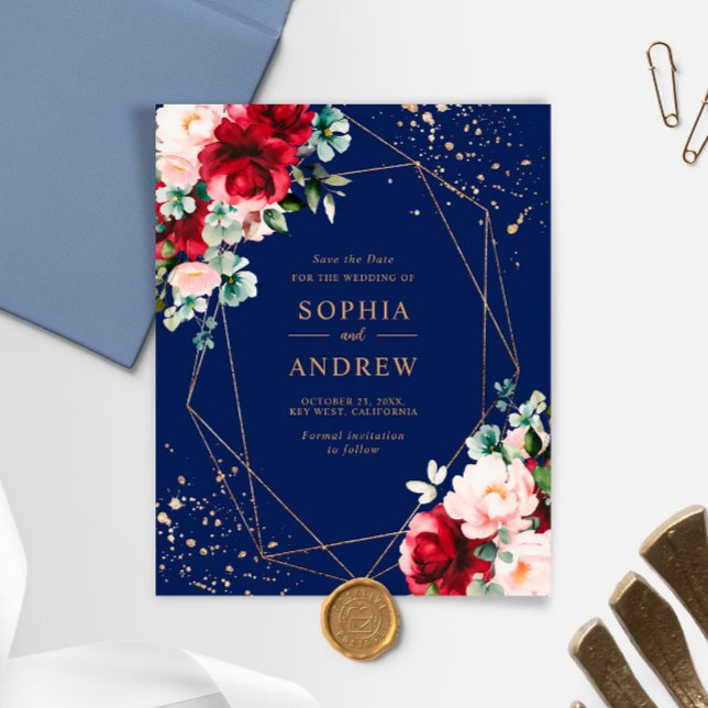 Papier Budget Red Rose & Gold Floral Enregistrer la date  (Créateur téléchargé)
