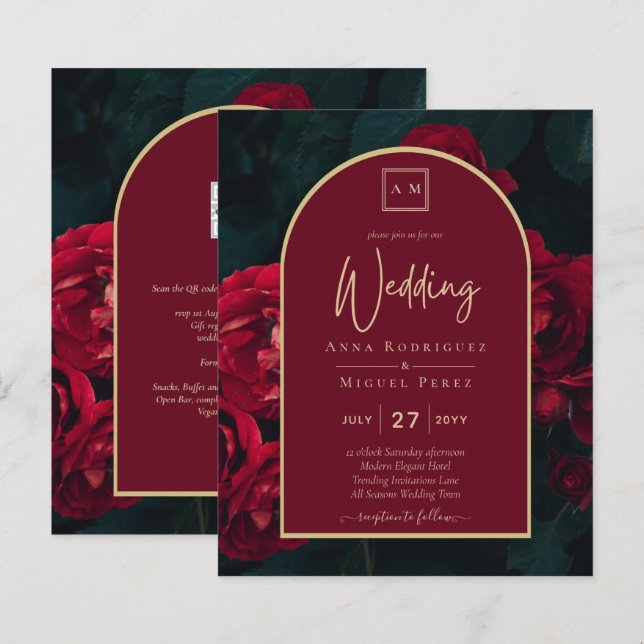 Papier BUDGET Red Roses ForêtVert Mariage d'hiver INVITAT (Devant / Derrière)