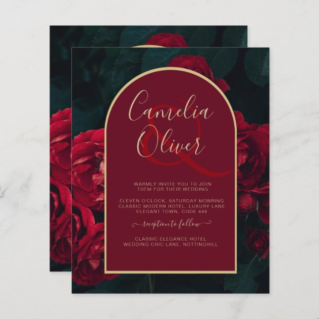 Papier BUDGET Red Roses ForêtVert Mariage d'hiver INVITAT (Devant / Derrière)