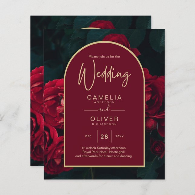 Papier BUDGET Red Roses ForêtVert Mariage d'hiver INVITAT (Devant / Derrière)