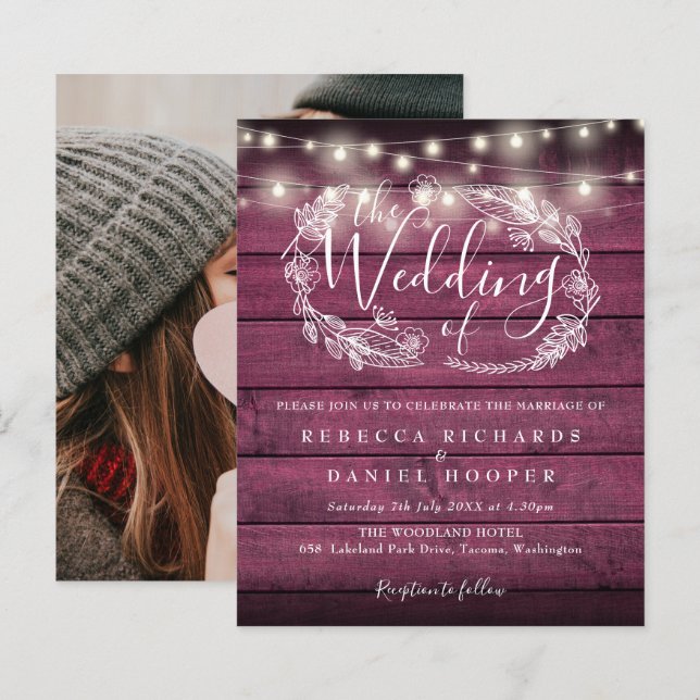 Papier Budget Red Rustic Lumières Photo Wedding Invitatio (Devant / Derrière)