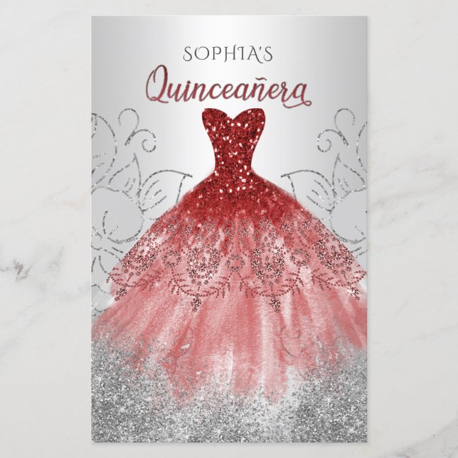 Papier Budget Red Sparkle Robe Quinceañera Invitation (Devant)