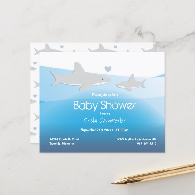 Papier Budget Requin bleu Océan Baby shower Invitation (Devant/Arrière en situation)