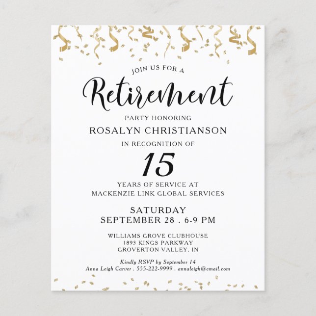 Papier Budget Retraite Partie Confetti Script Invitation (Devant)
