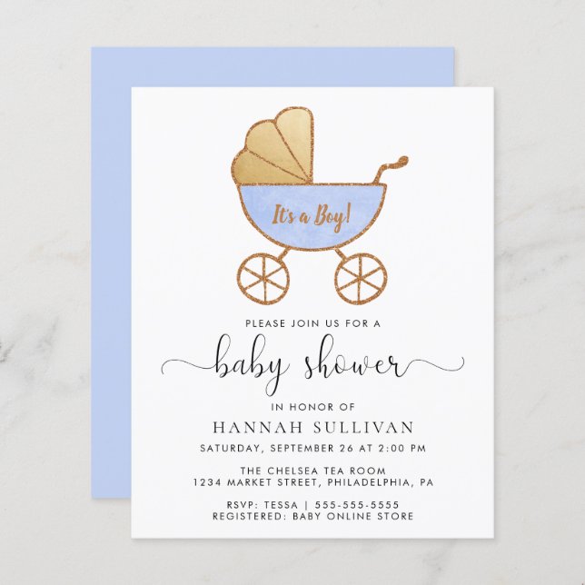 Papier Budget Retro Blue Carriage bébé garçon Invitation  (Devant / Derrière)