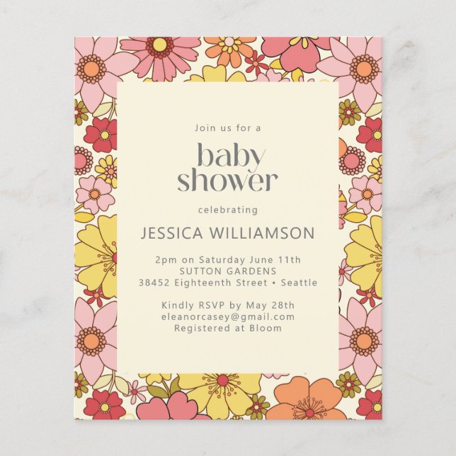 Papier Budget Retro Boho rose jaune Baby shower floral (Devant)