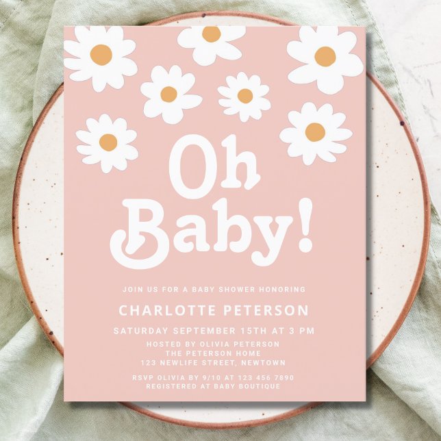 Papier Budget Retro Daisy Baby shower rose Invitation (Créateur téléchargé)
